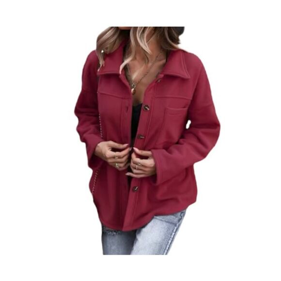 Burgundy Flannel Long Sleeve Button Down Boyfriend Shacket Shirt NWT - Picture 2 of 7